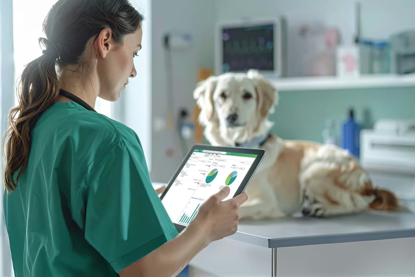 Veterinarian using NaVetor on a tablet during an exam