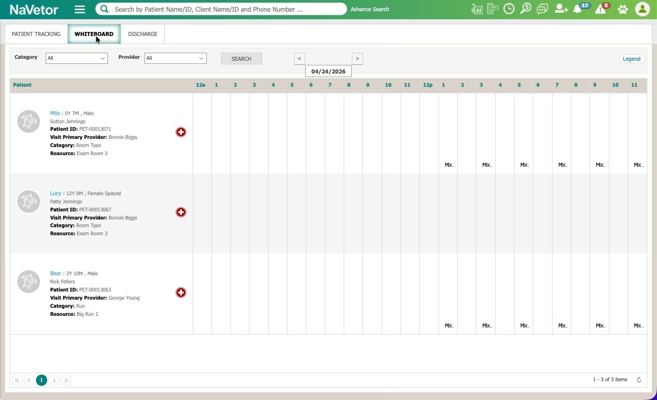 NaVetor live whiteboard showing every patient's status and room at a glance