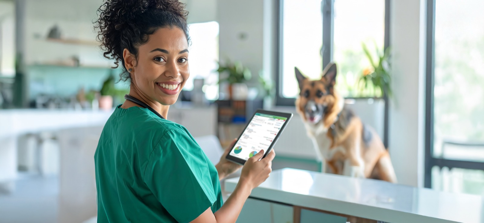 A smiling veterinary team member holding a tablet running NaVetor, with a German shepherd waiting behind her